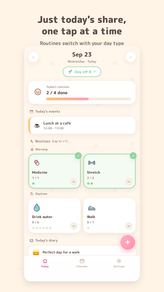 Today screen: pick a day type and that day's routines line up